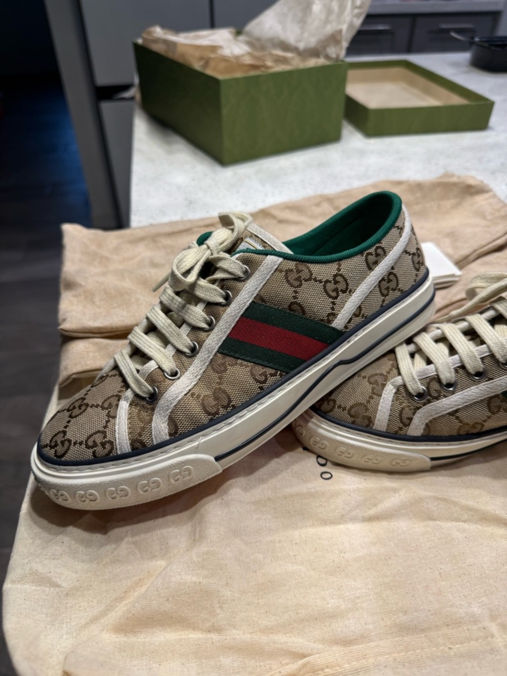 Gucci Beige Monogram Kids Sneaker with Green & Red Web Stripe - Picture 3 of 8